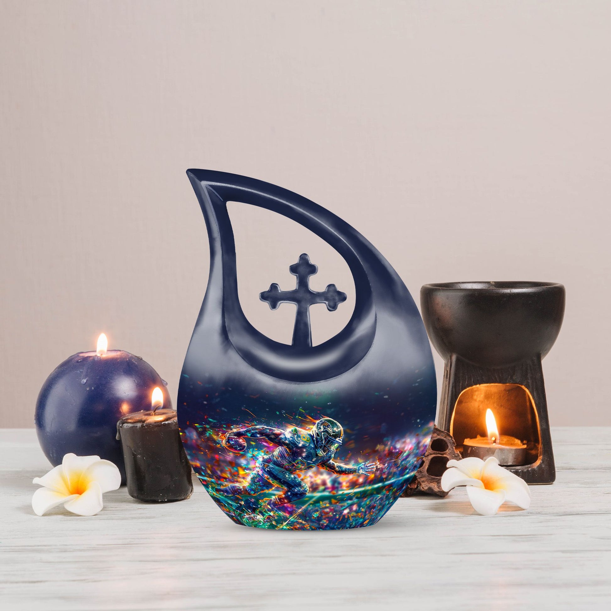 10-inch Football themed Cross Drop Aluminium Funeral Urn