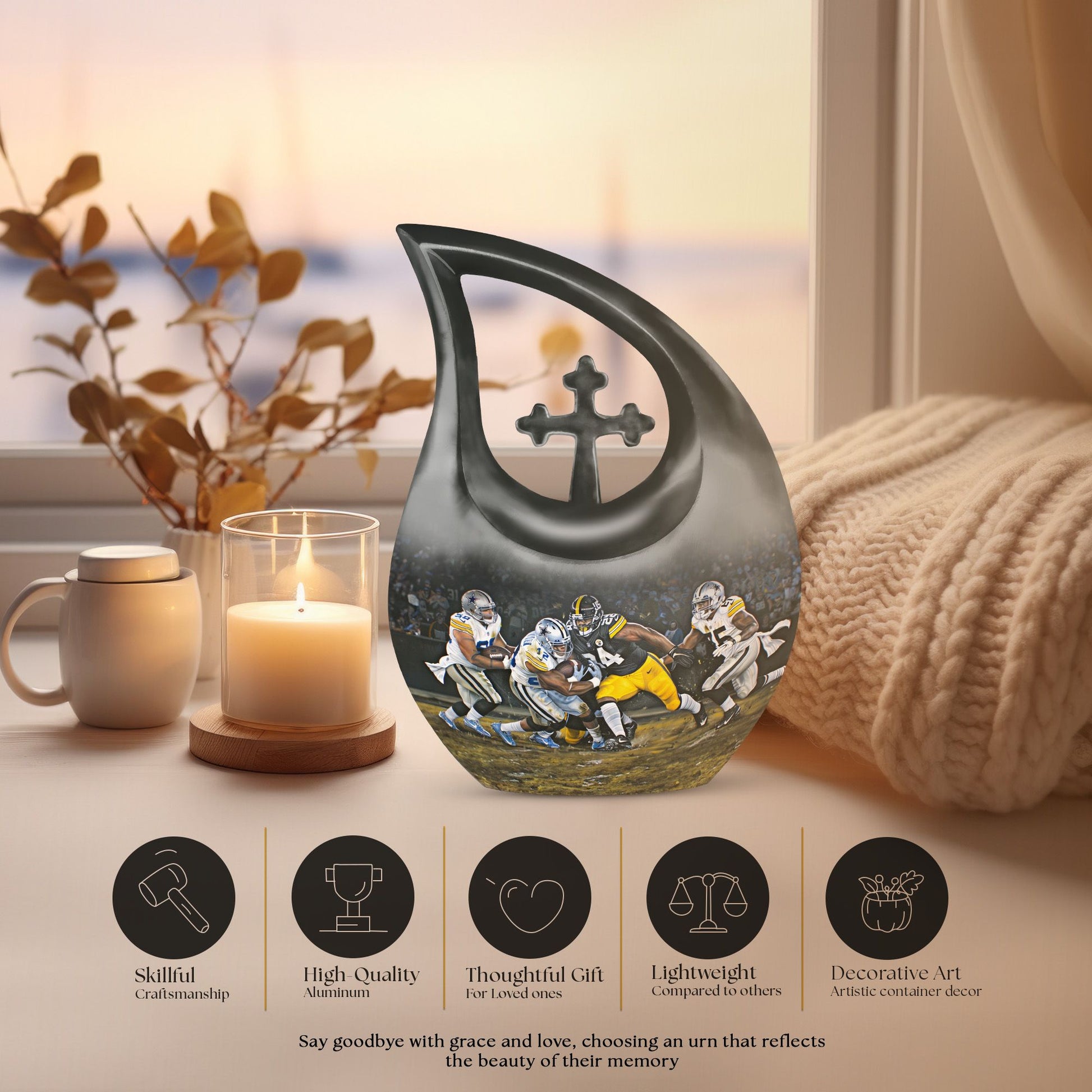 10 Inch, Aluminium Football-theme Cross Drop Urn