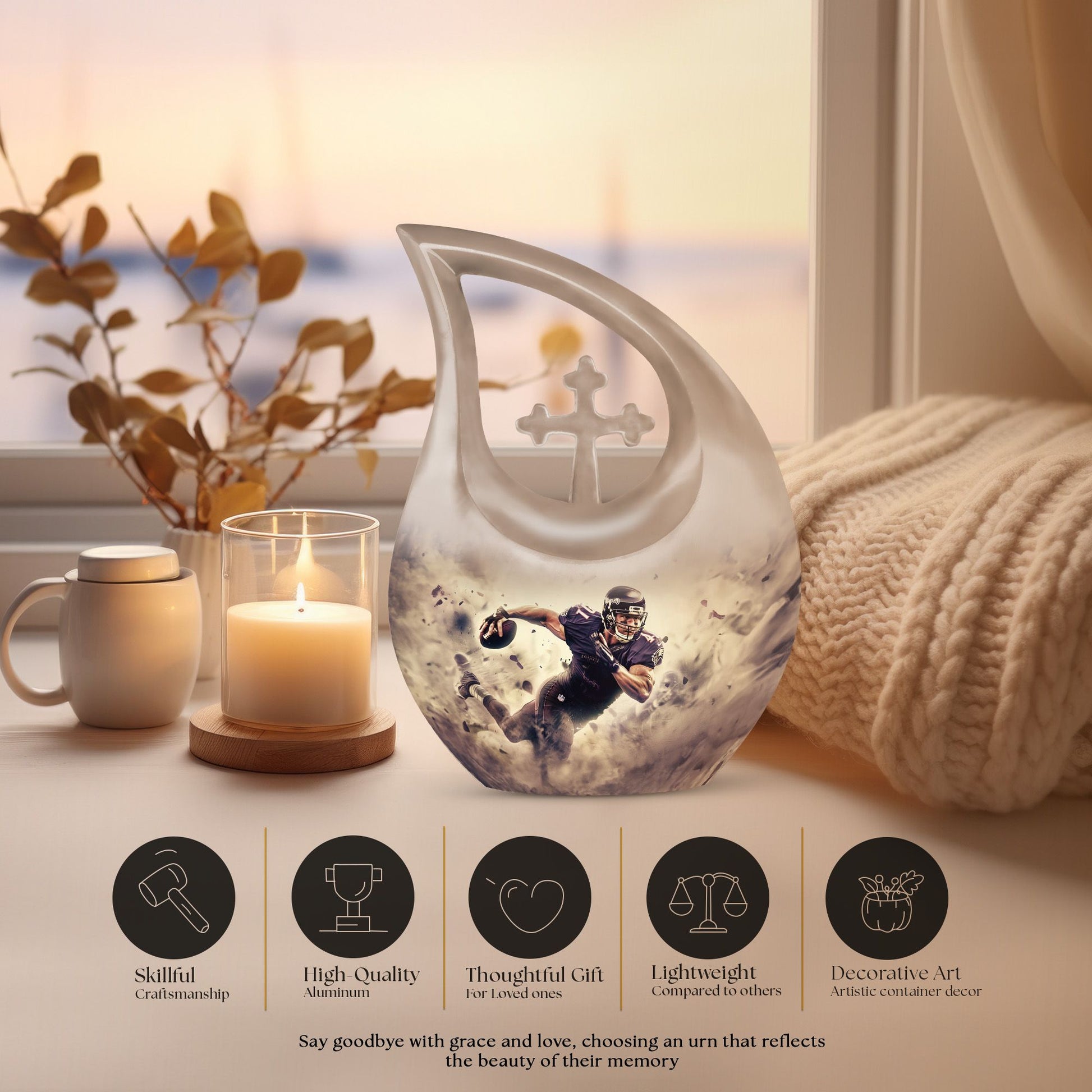 10-inch Football-themed Cross Drop Aluminium Companion Urn