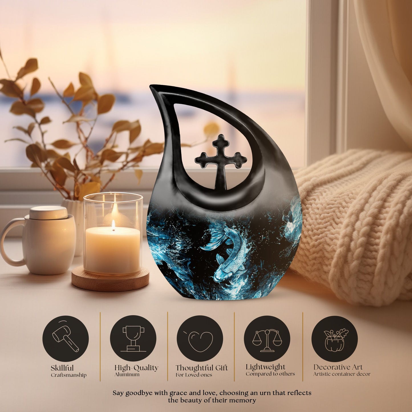 10-inch fish themed Cross Drop memorial urn,