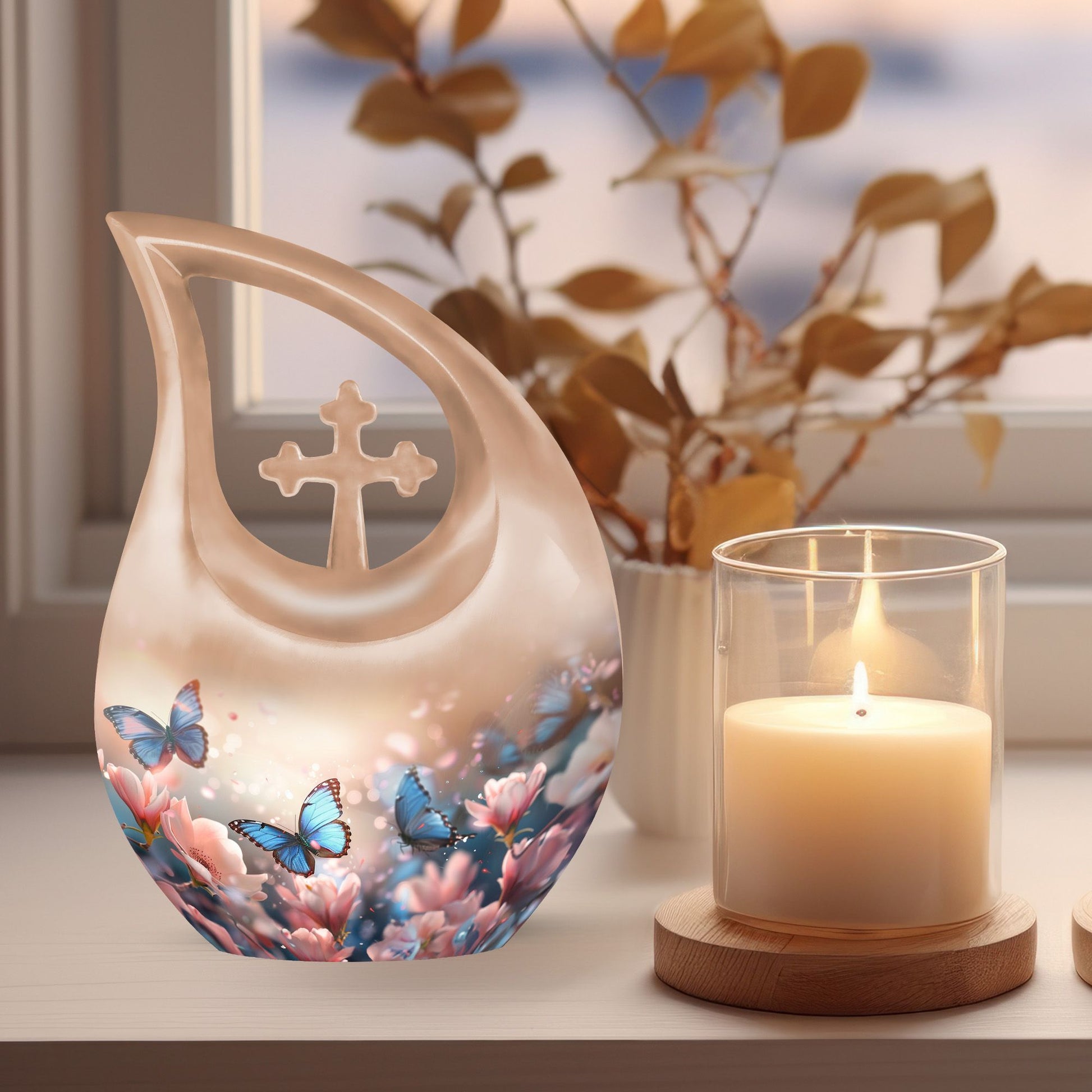 Butterfly-themed Cross Drop Urn
