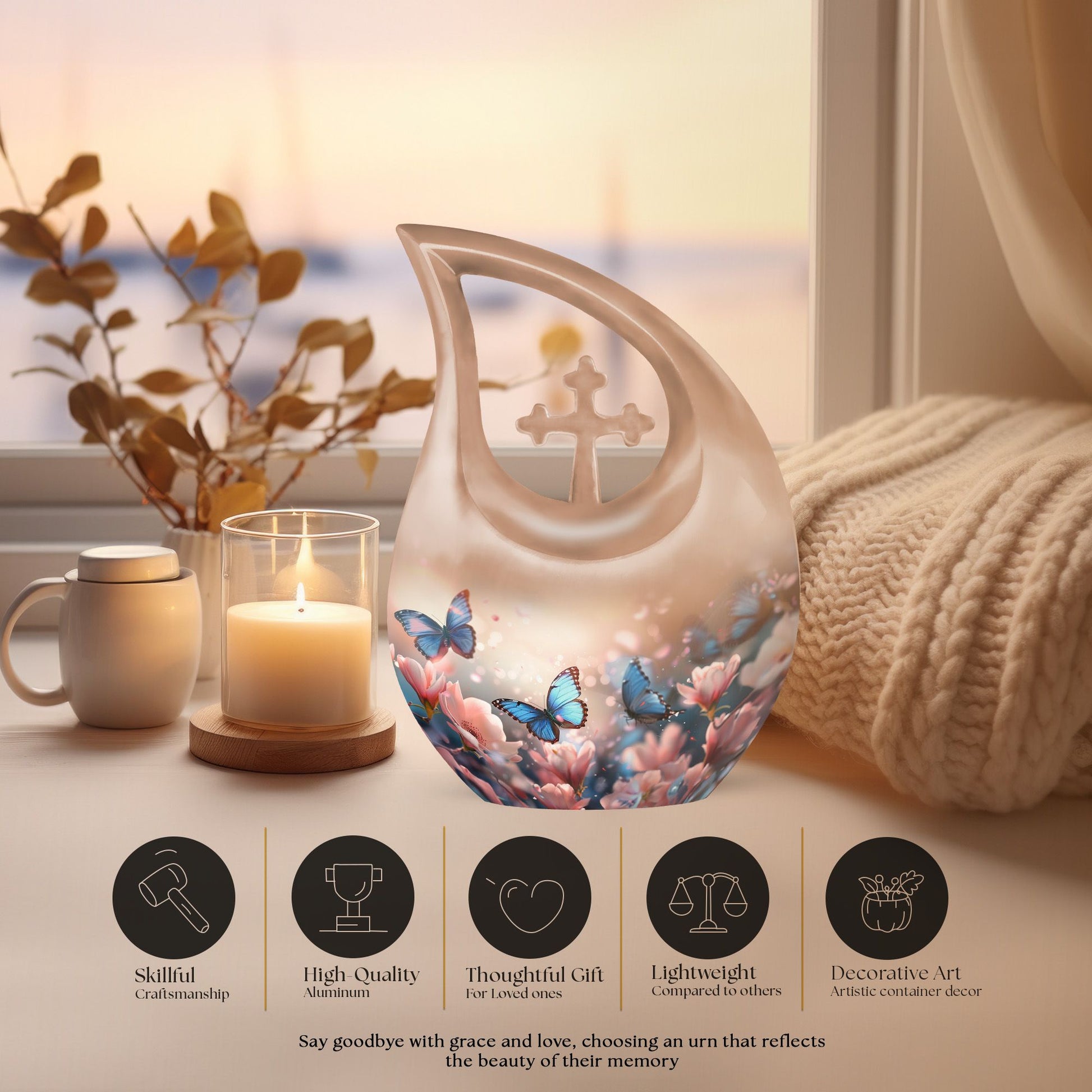 Butterfly-themed Cross Drop Urn