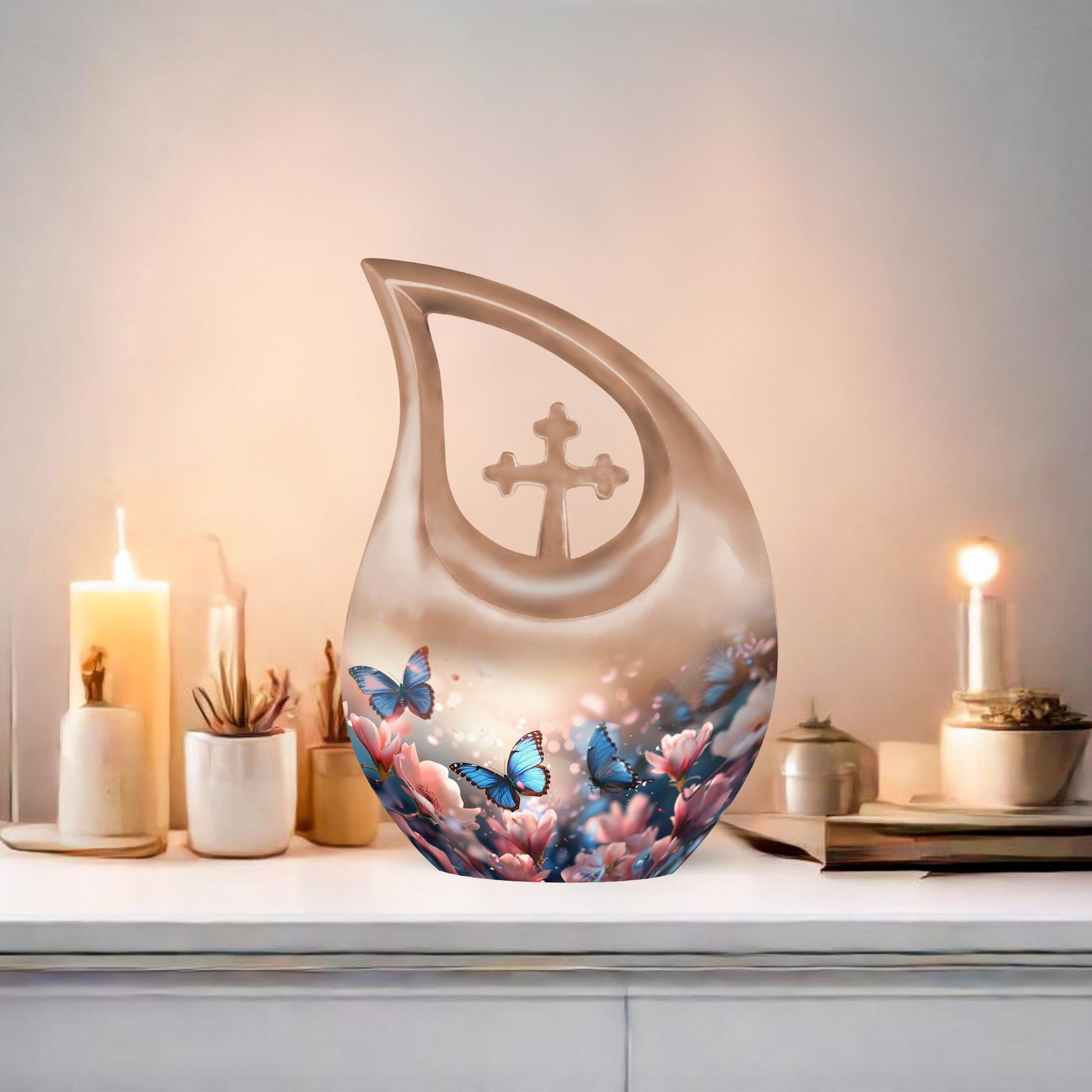 Butterfly-themed Cross Drop Urn