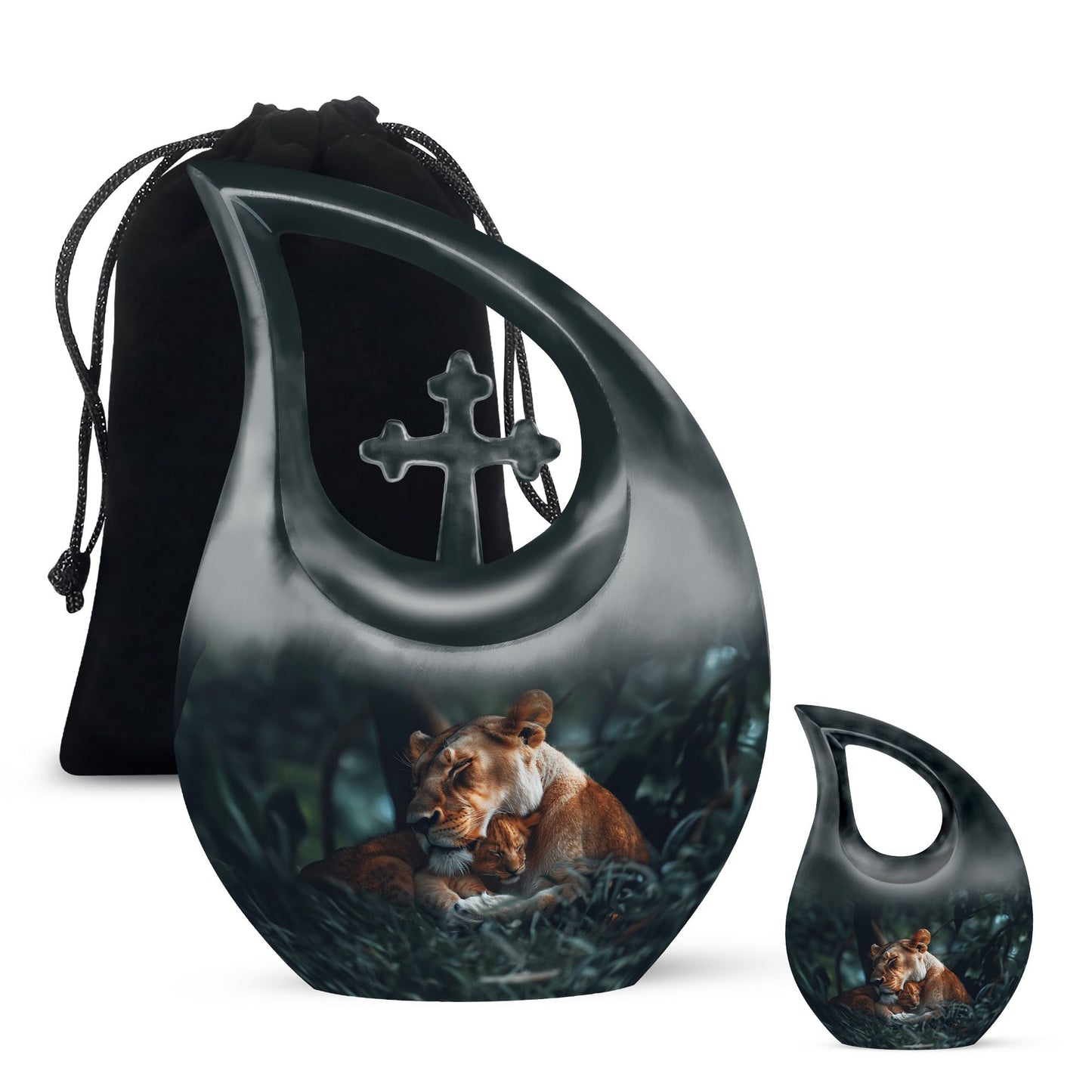 Lion Urn for Human Ashes with Lioness and Cub, Memorial Urn