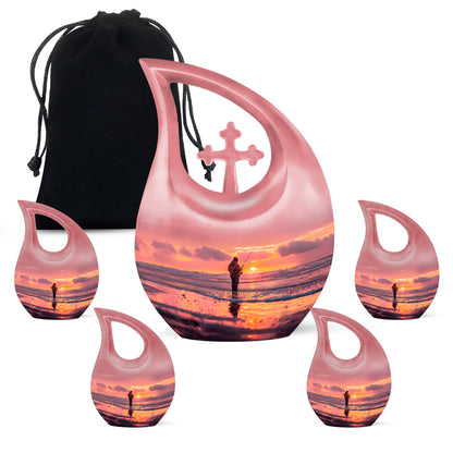 Fishing Urn for Pet Ashes, Angler with Rod at Pink Sunset, Memorial Urn