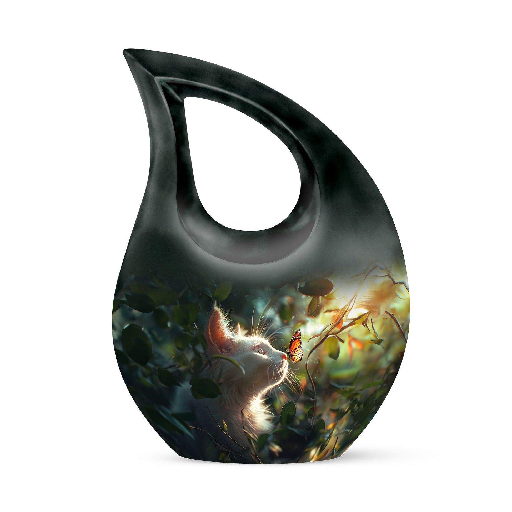 Majestic White Cat Urns For Funeral - Cat & Butterfly Memorial Urn