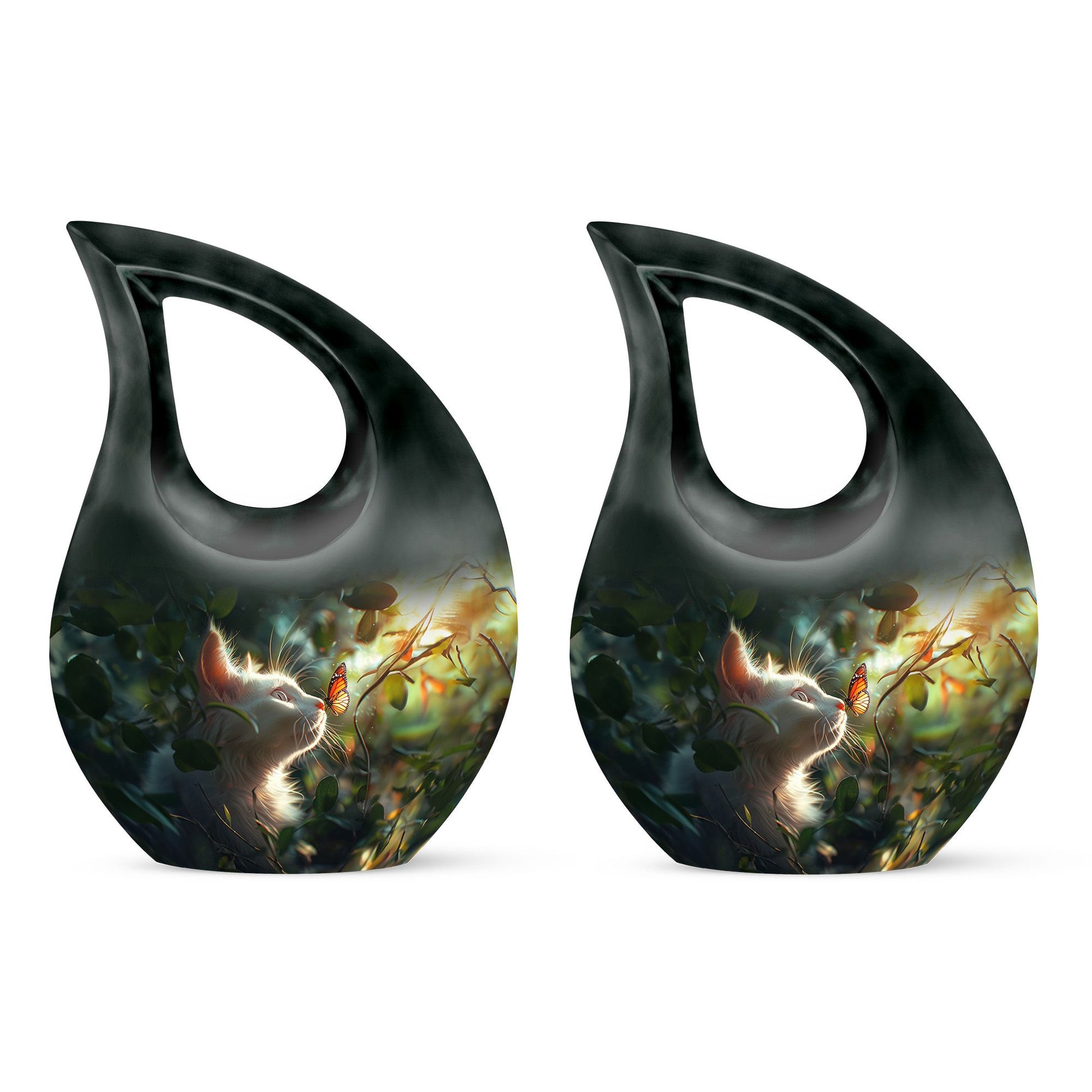 Majestic White Cat Urns For Funeral - Cat & Butterfly Memorial Urn
