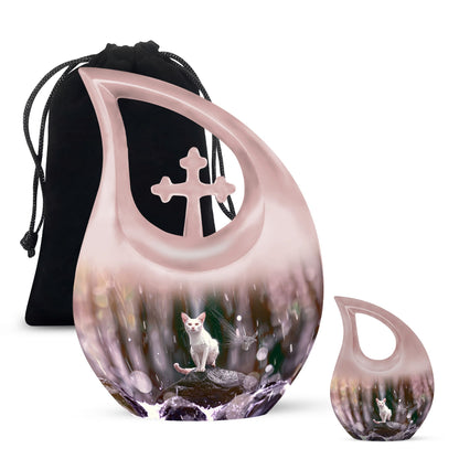 White Cat Cross Drop Urn