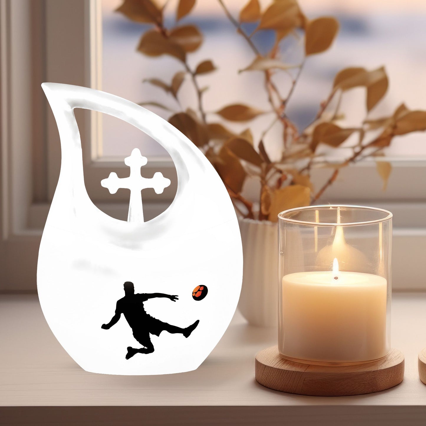 soccer themed cross drop memorial urn