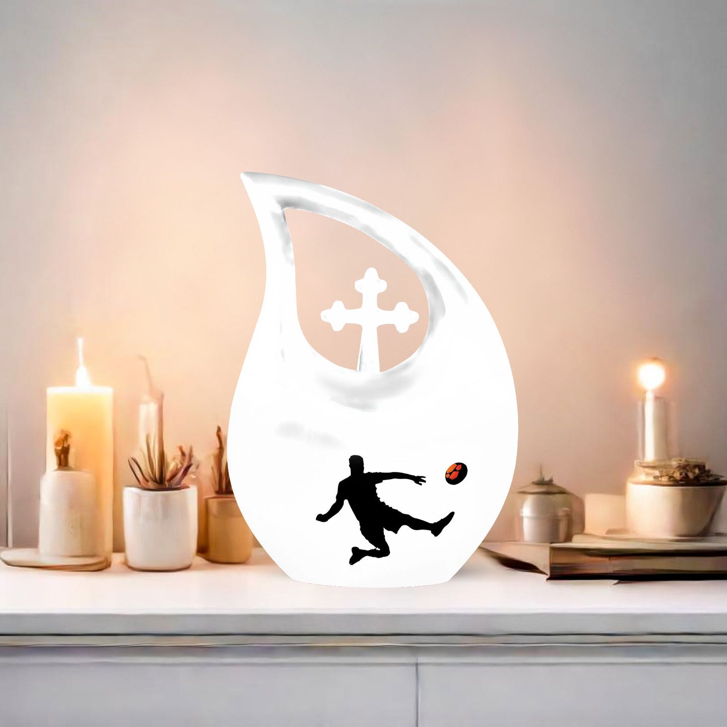 soccer themed cross drop memorial urn