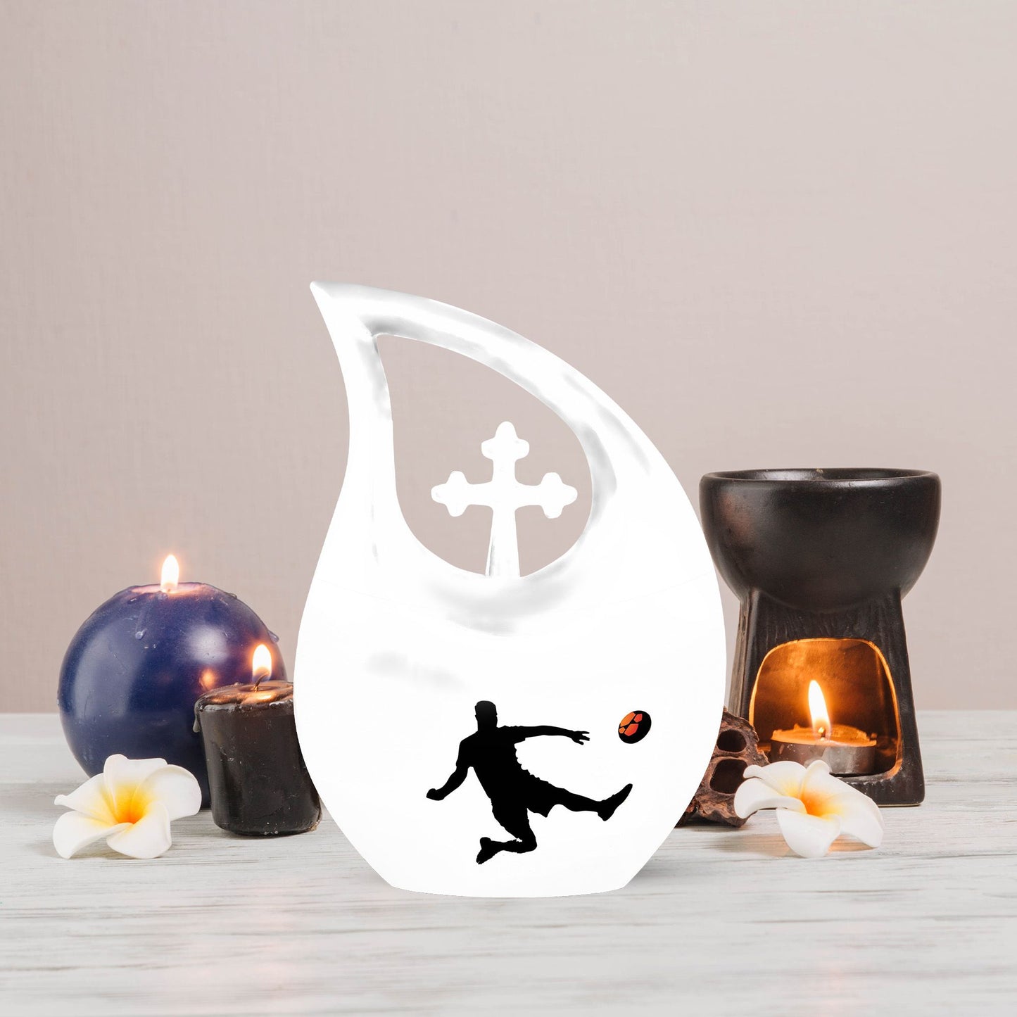soccer themed cross drop memorial urn