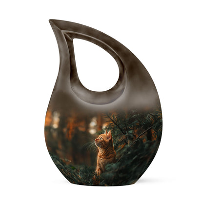 Cat Urn for Pet Ashes, Orange Cat Looking Up Among Pines, Memorial Urn