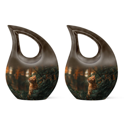 Cat Urn for Pet Ashes, Orange Cat Looking Up Among Pines, Memorial Urn