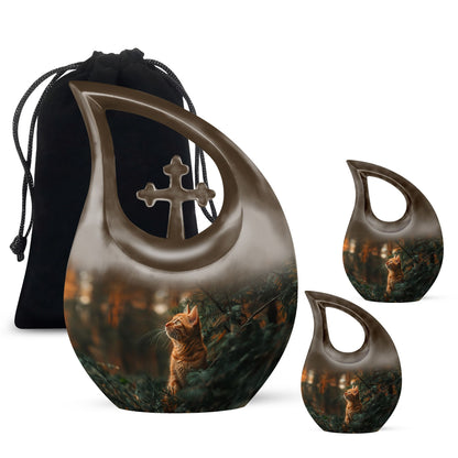 Cat Urn for Pet Ashes, Orange Cat Looking Up Among Pines, Memorial Urn