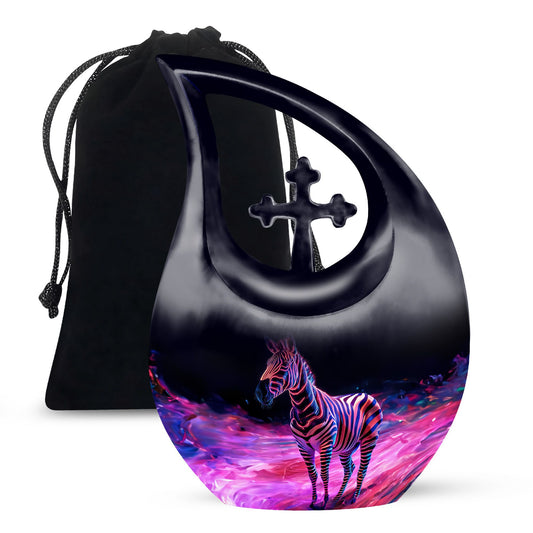 Zebra themed 10 inch cross drop memorial urn