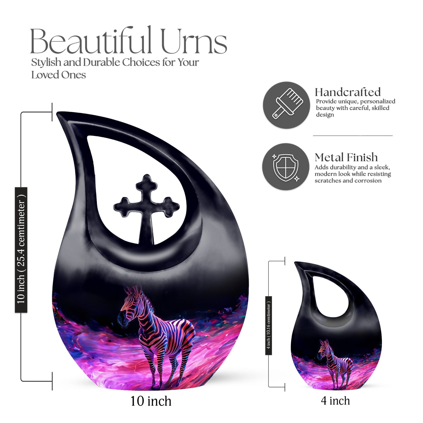 Zebra themed 10 inch cross drop memorial urn