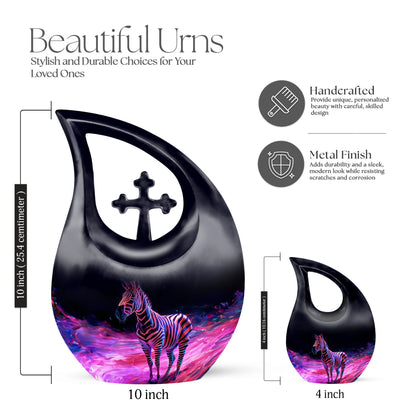 Zebra themed 10 inch cross drop memorial urn