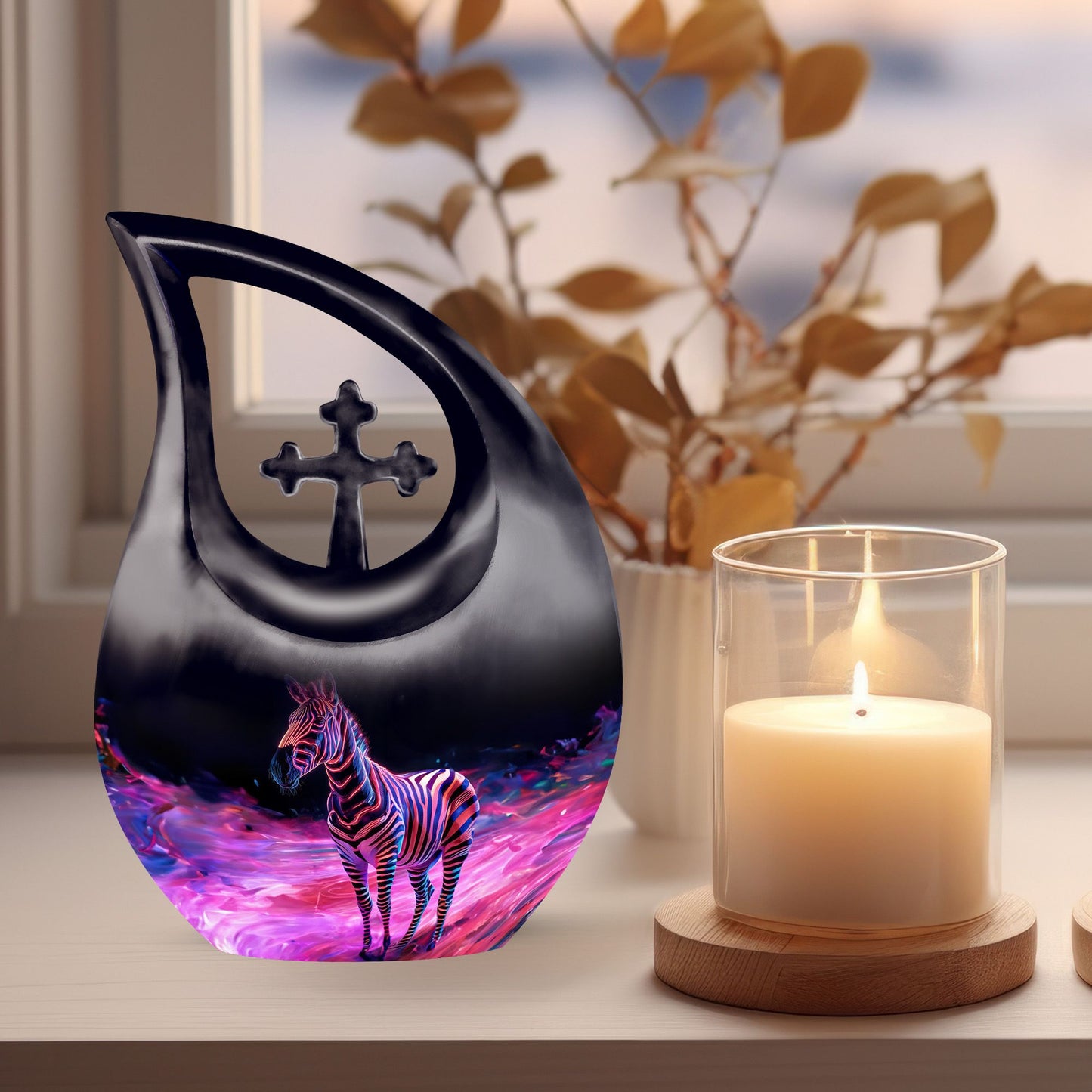 Zebra themed 10 inch cross drop memorial urn