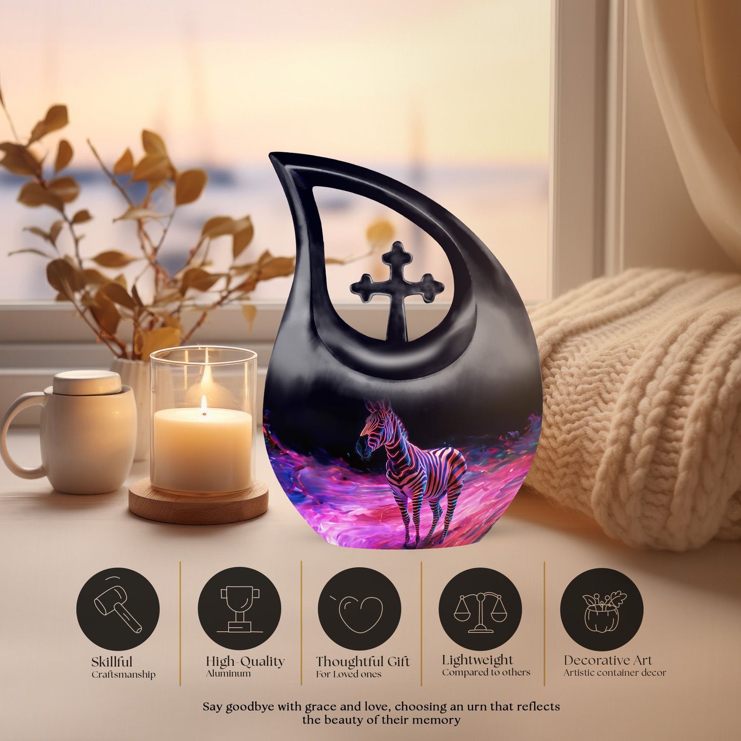 Zebra themed 10 inch cross drop memorial urn
