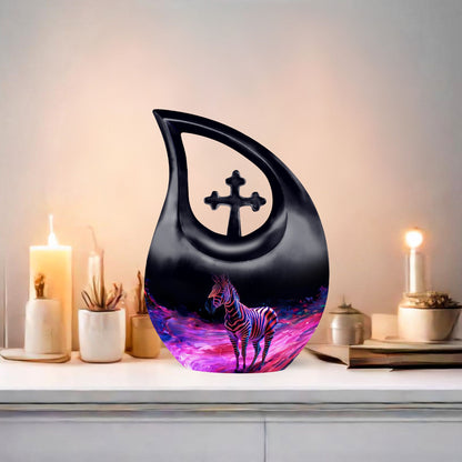 Zebra themed 10 inch cross drop memorial urn