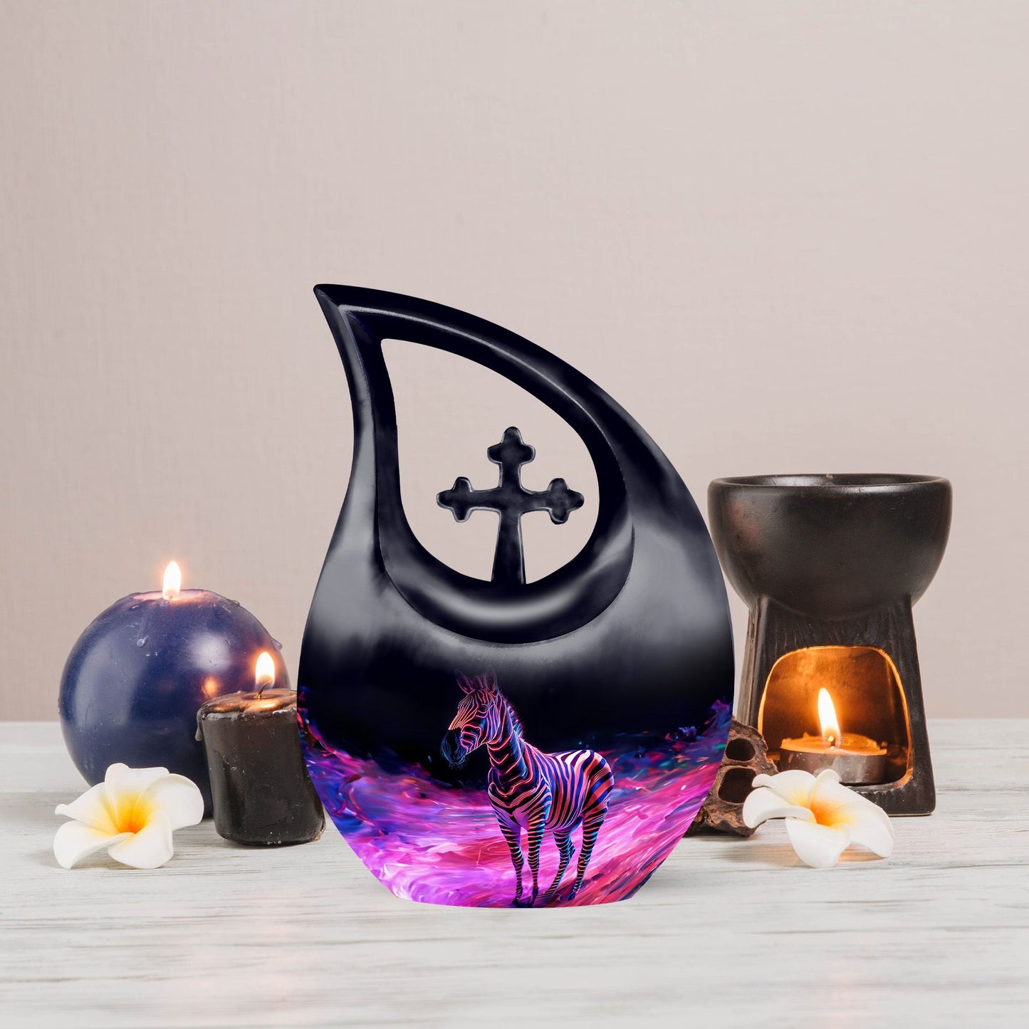 Zebra themed 10 inch cross drop memorial urn