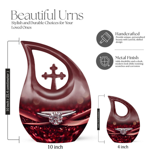10 Inch Cross Drop Ring Urn, Large and Unique Aluminium Memorial Urn for Dad