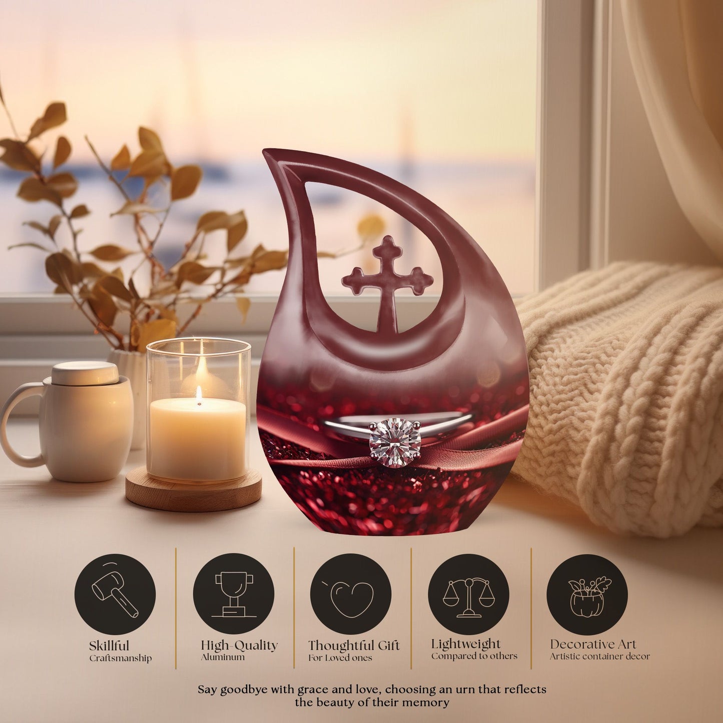 10 Inch Cross Drop Ring Urn, Large and Unique Aluminium Memorial Urn for Dad