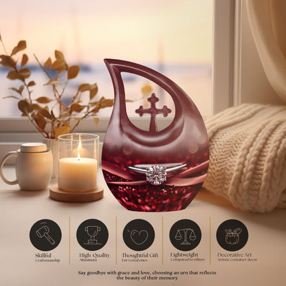 10 Inch Cross Drop Ring Urn, Large and Unique Aluminium Memorial Urn for Dad