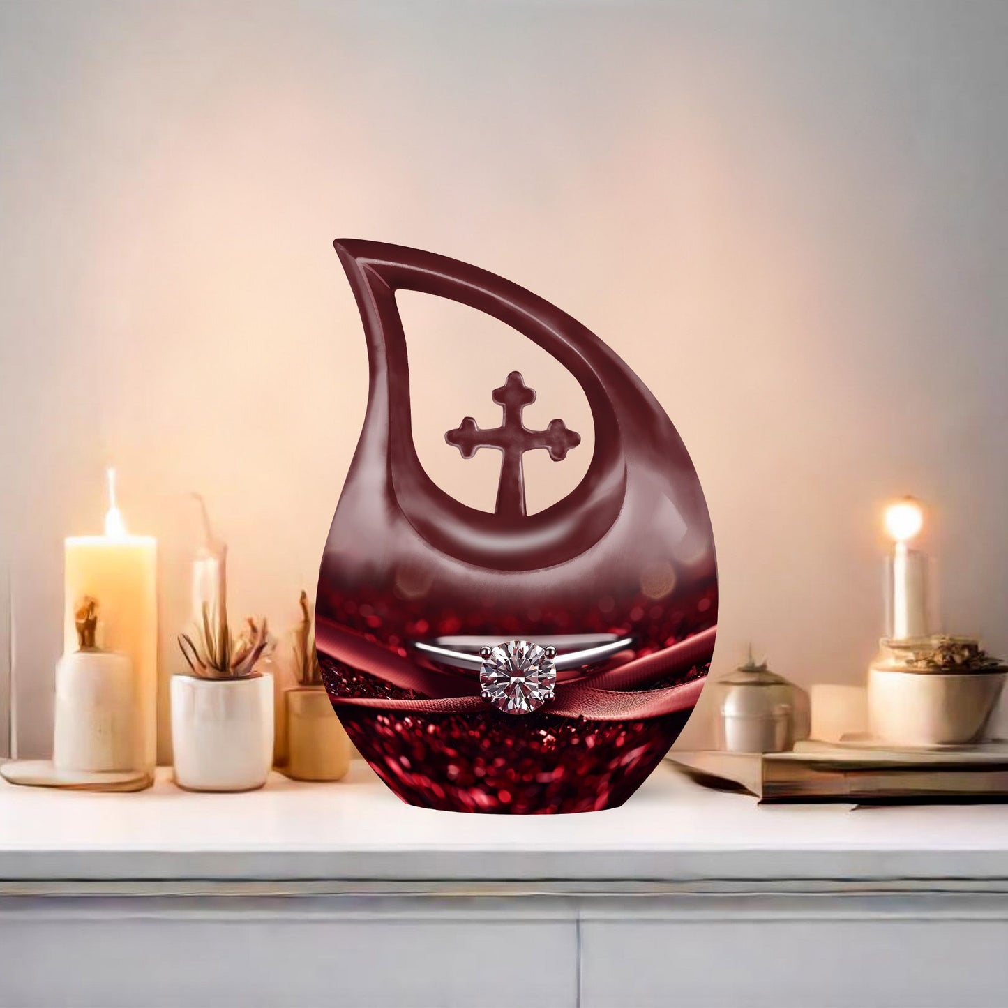 10 Inch Cross Drop Ring Urn, Large and Unique Aluminium Memorial Urn for Dad