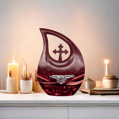 10 Inch Cross Drop Ring Urn, Large and Unique Aluminium Memorial Urn for Dad