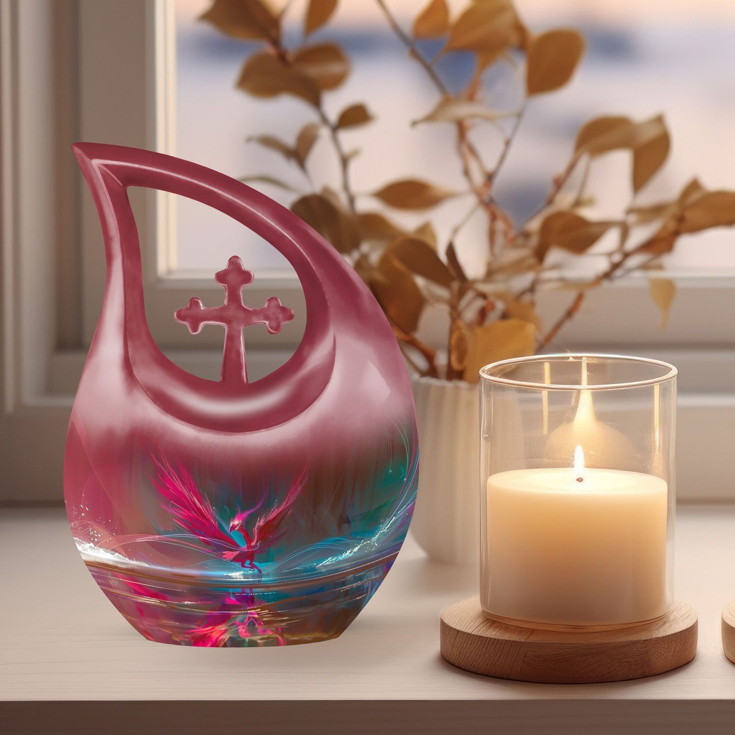 Phoenix themed memorial urn for human ashes