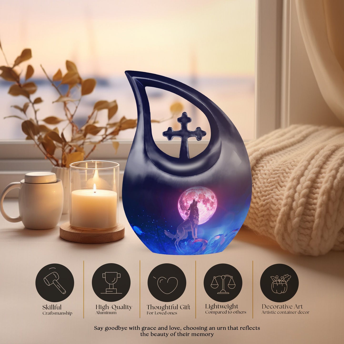 wolf-themed Cross Drop  cremation urn