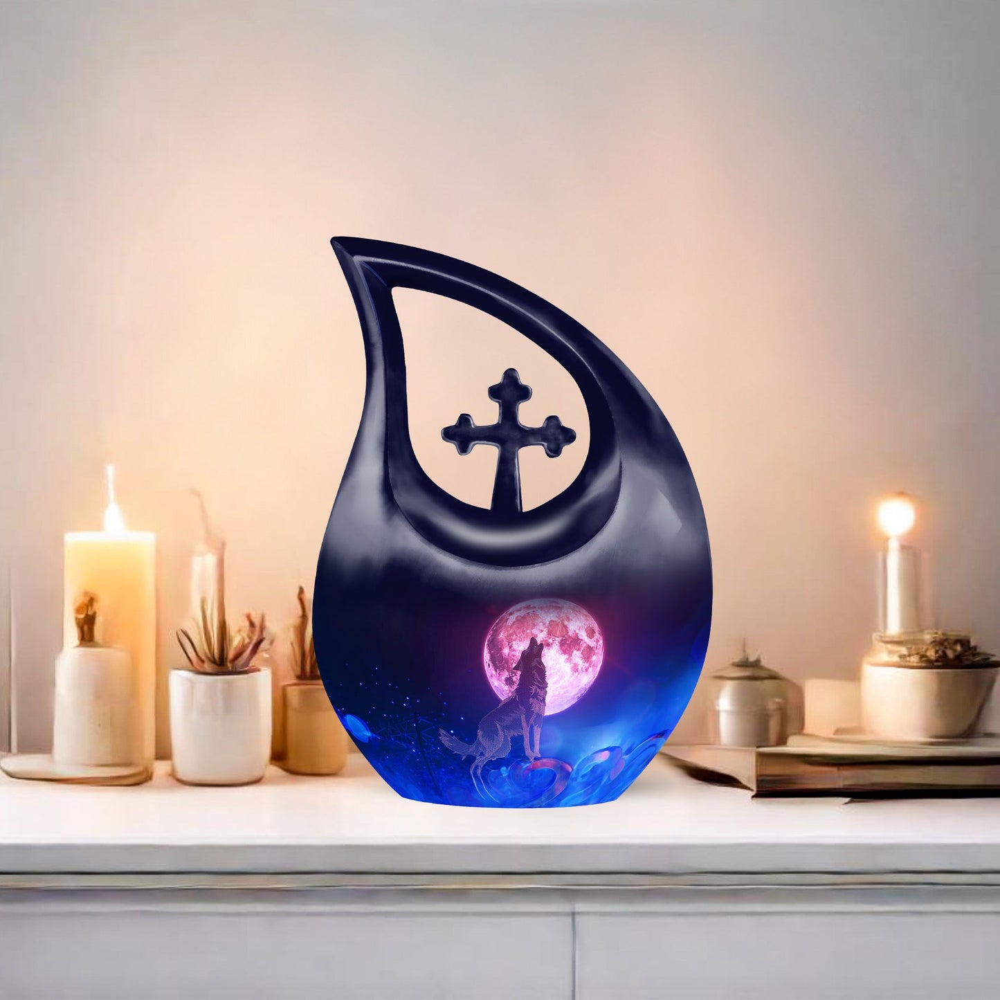 wolf-themed Cross Drop  cremation urn
