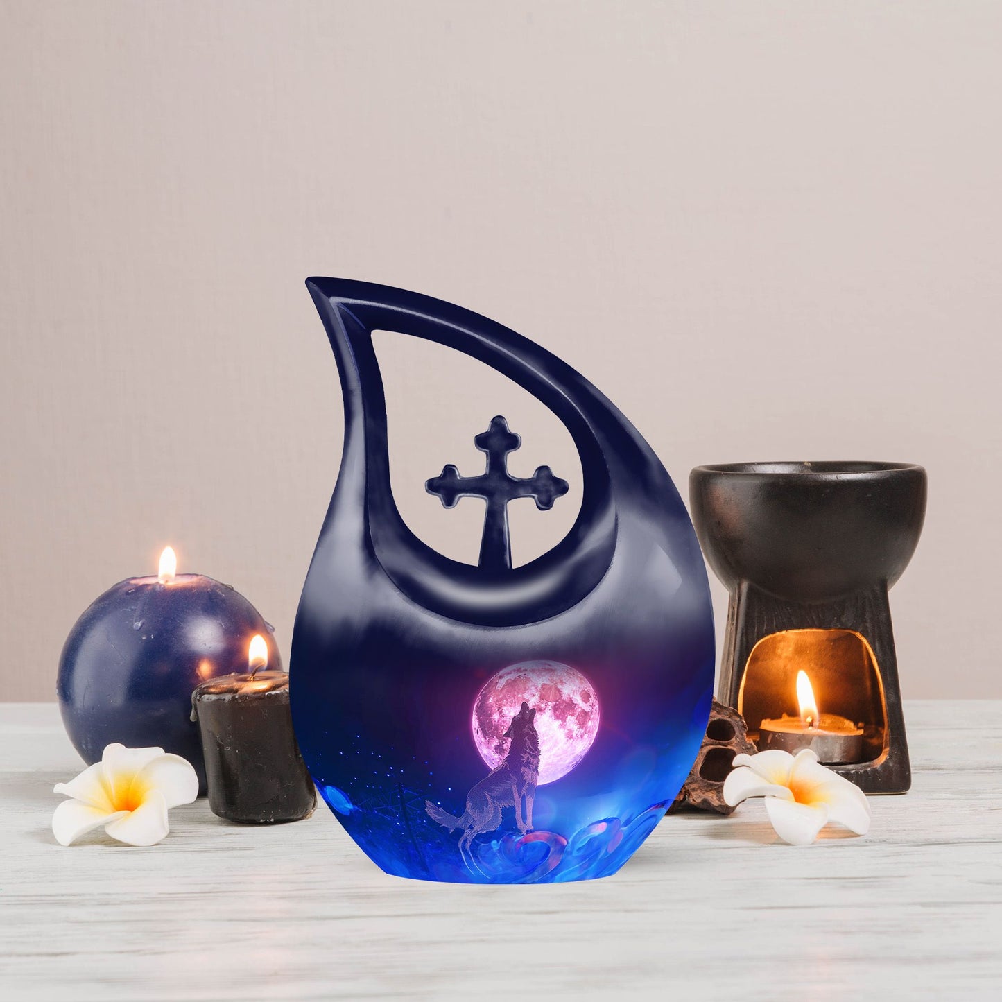 wolf-themed Cross Drop  cremation urn