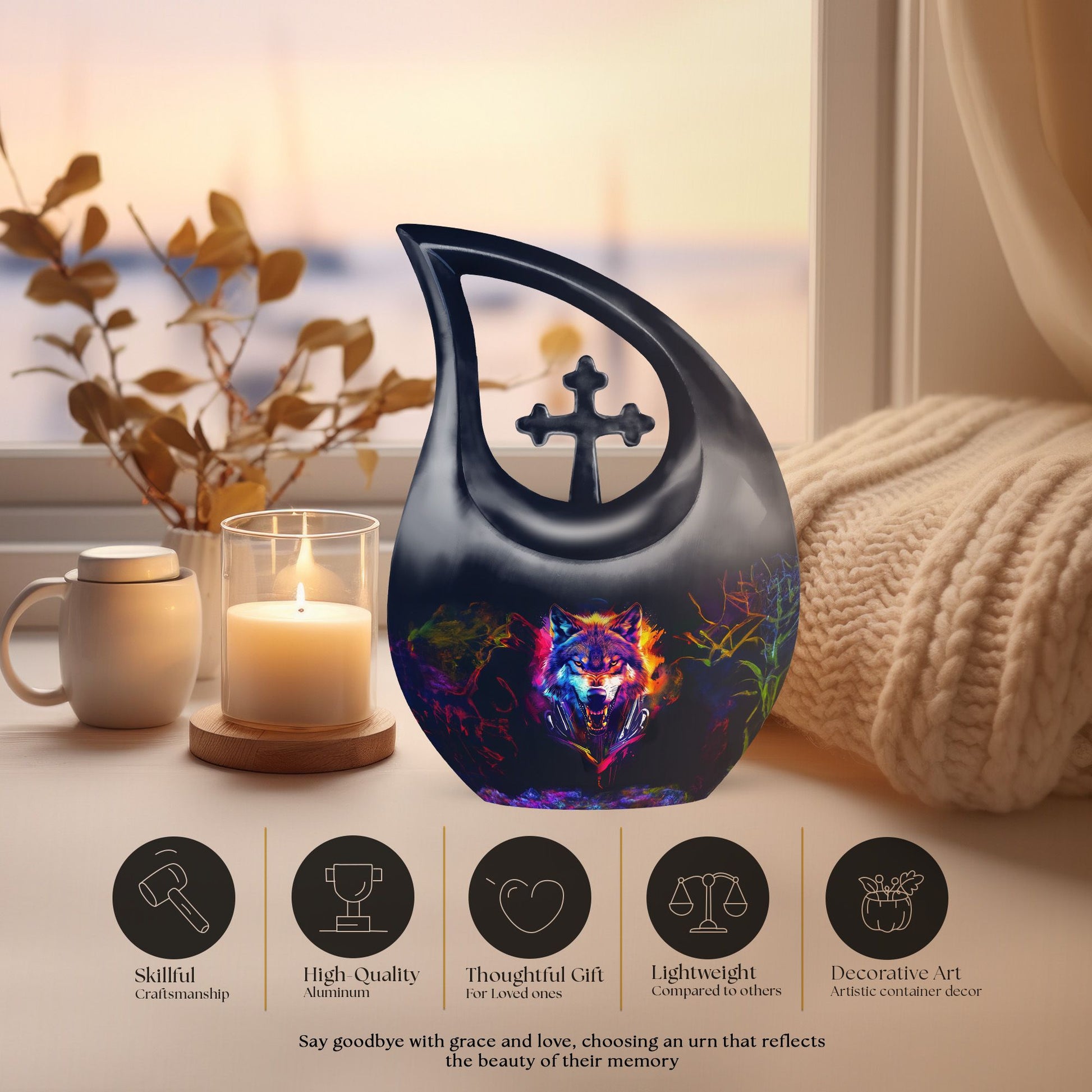 10-inch Wolf Themed Aluminium Urn