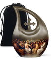 10 inch Aluminium Jesus Urn with Cross Drop Design, Affordable Cremation and Burial Memorial Urn