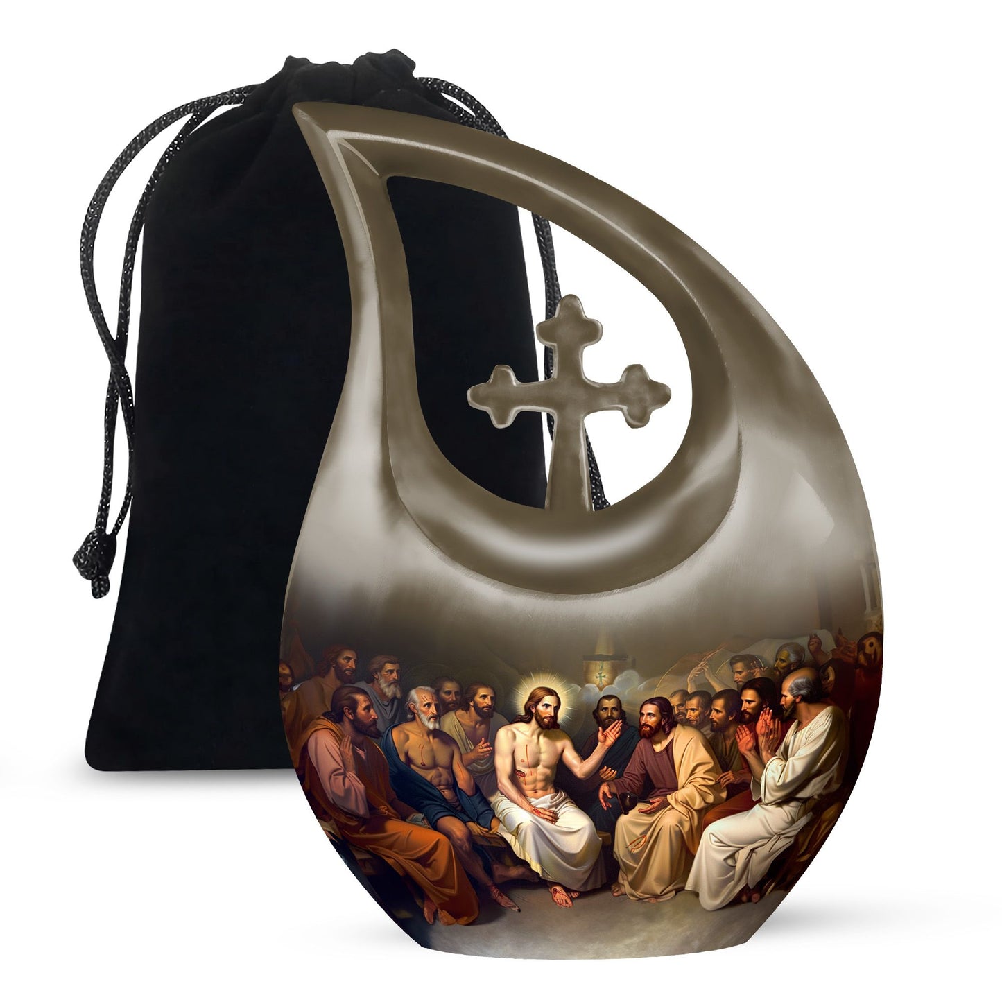 10 inch Aluminium Jesus Urn with Cross Drop Design, Affordable Cremation and Burial Memorial Urn