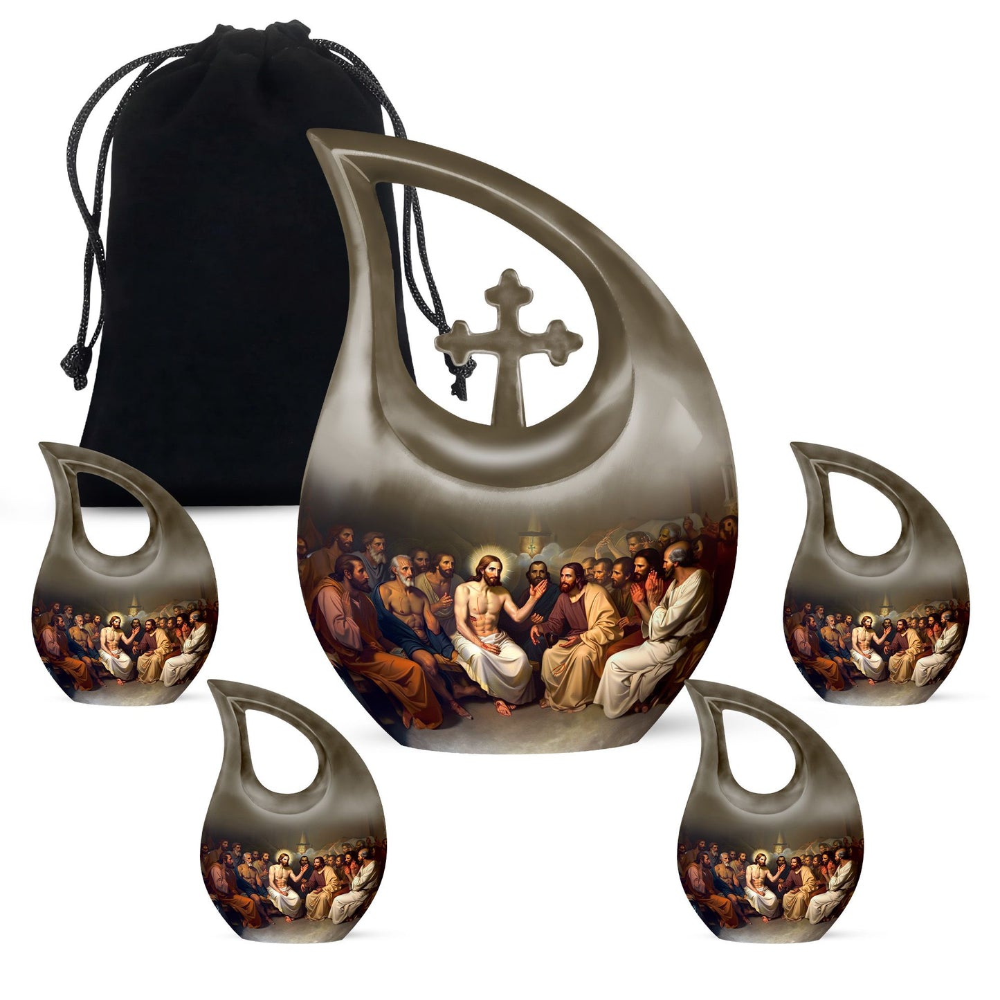 10 inch Aluminium Jesus Urn with Cross Drop Design, Affordable Cremation and Burial Memorial Urn