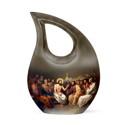 10 inch Aluminium Jesus Urn with Cross Drop Design, Affordable Cremation and Burial Memorial Urn