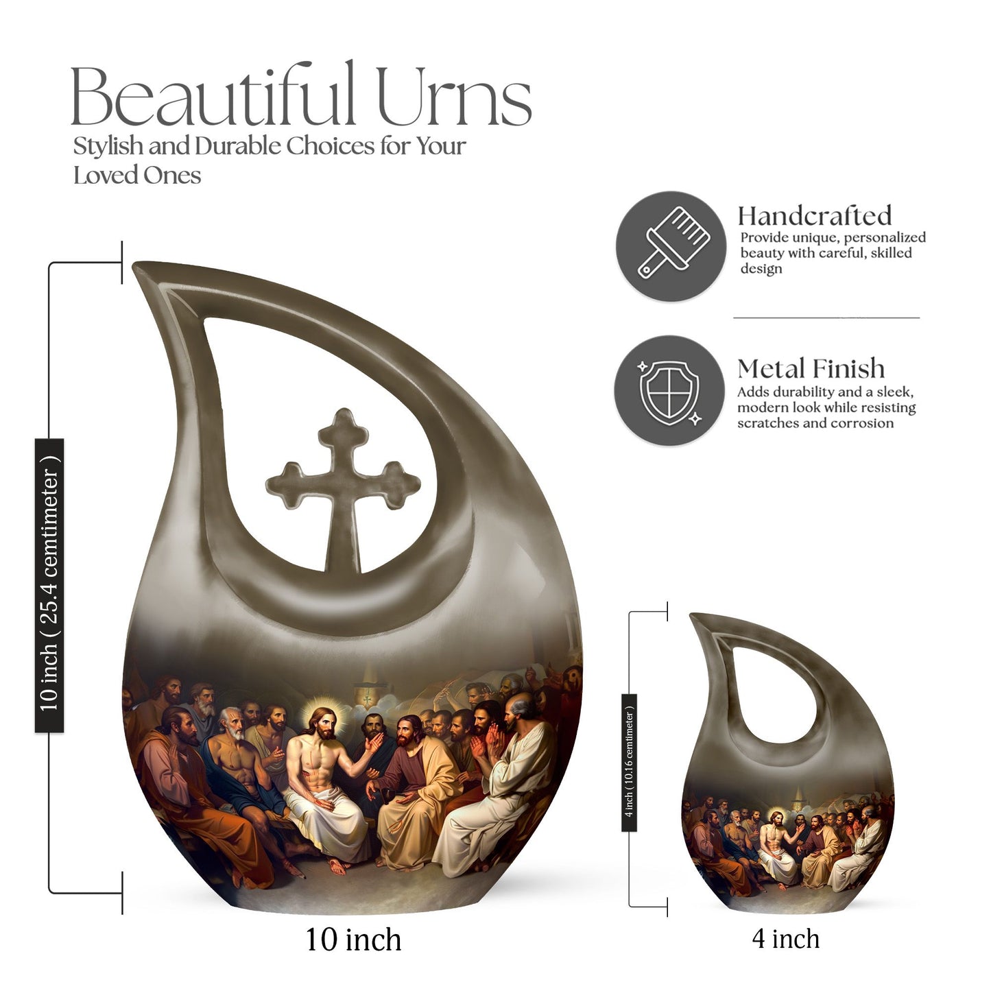 10 inch Aluminium Jesus Urn with Cross Drop Design, Affordable Cremation and Burial Memorial Urn