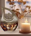 10 inch Aluminium Jesus Urn with Cross Drop Design, Affordable Cremation and Burial Memorial Urn