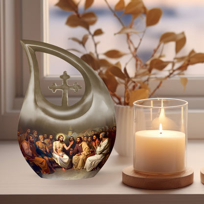 10 inch Aluminium Jesus Urn with Cross Drop Design, Affordable Cremation and Burial Memorial Urn