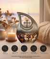 10 inch Aluminium Jesus Urn with Cross Drop Design, Affordable Cremation and Burial Memorial Urn