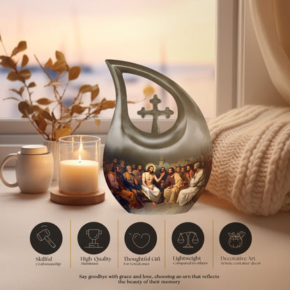 10 inch Aluminium Jesus Urn with Cross Drop Design, Affordable Cremation and Burial Memorial Urn