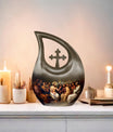 10 inch Aluminium Jesus Urn with Cross Drop Design, Affordable Cremation and Burial Memorial Urn
