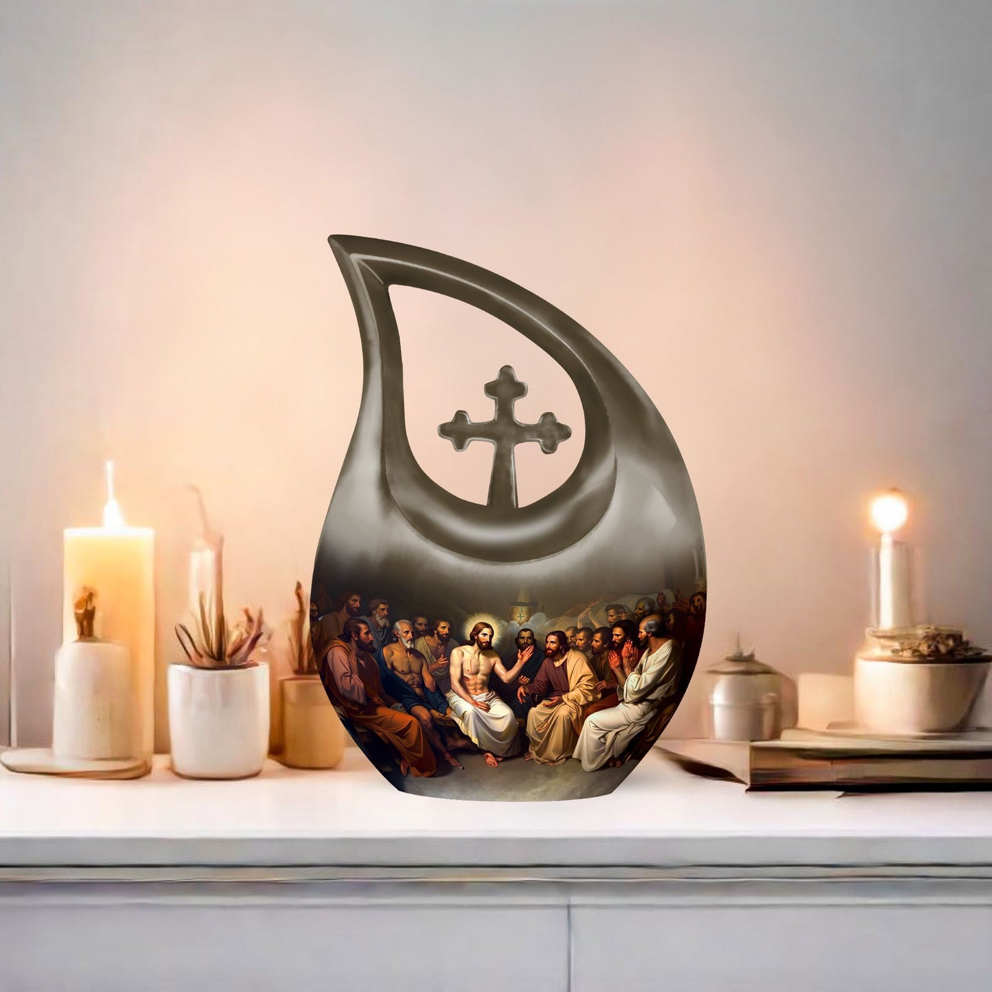 10 inch Aluminium Jesus Urn with Cross Drop Design, Affordable Cremation and Burial Memorial Urn