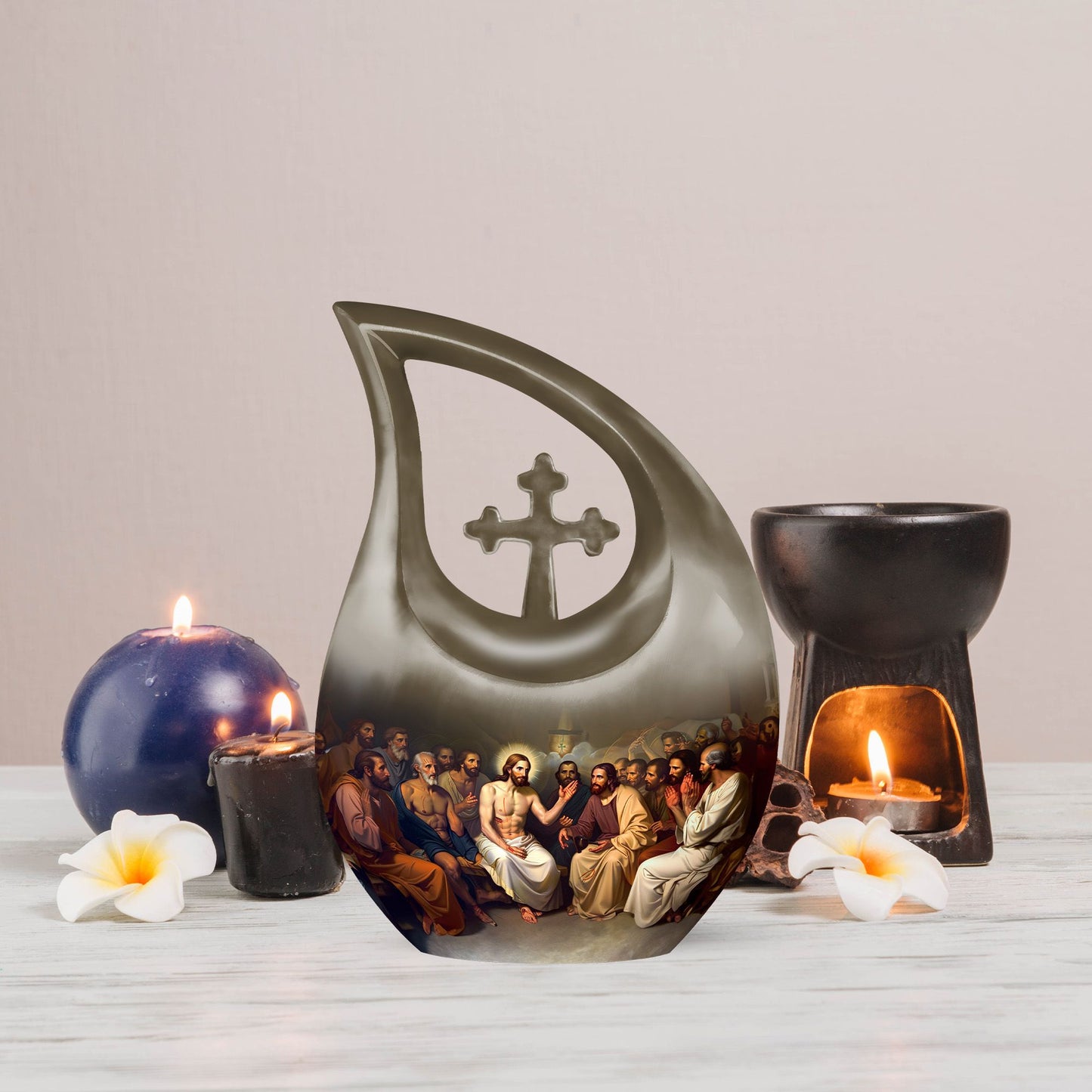 10 inch Aluminium Jesus Urn with Cross Drop Design, Affordable Cremation and Burial Memorial Urn