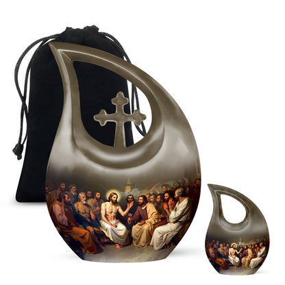 10 inch Aluminium Jesus Urn with Cross Drop Design, Affordable Cremation and Burial Memorial Urn