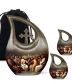 10 inch Aluminium Jesus Urn with Cross Drop Design, Affordable Cremation and Burial Memorial Urn
