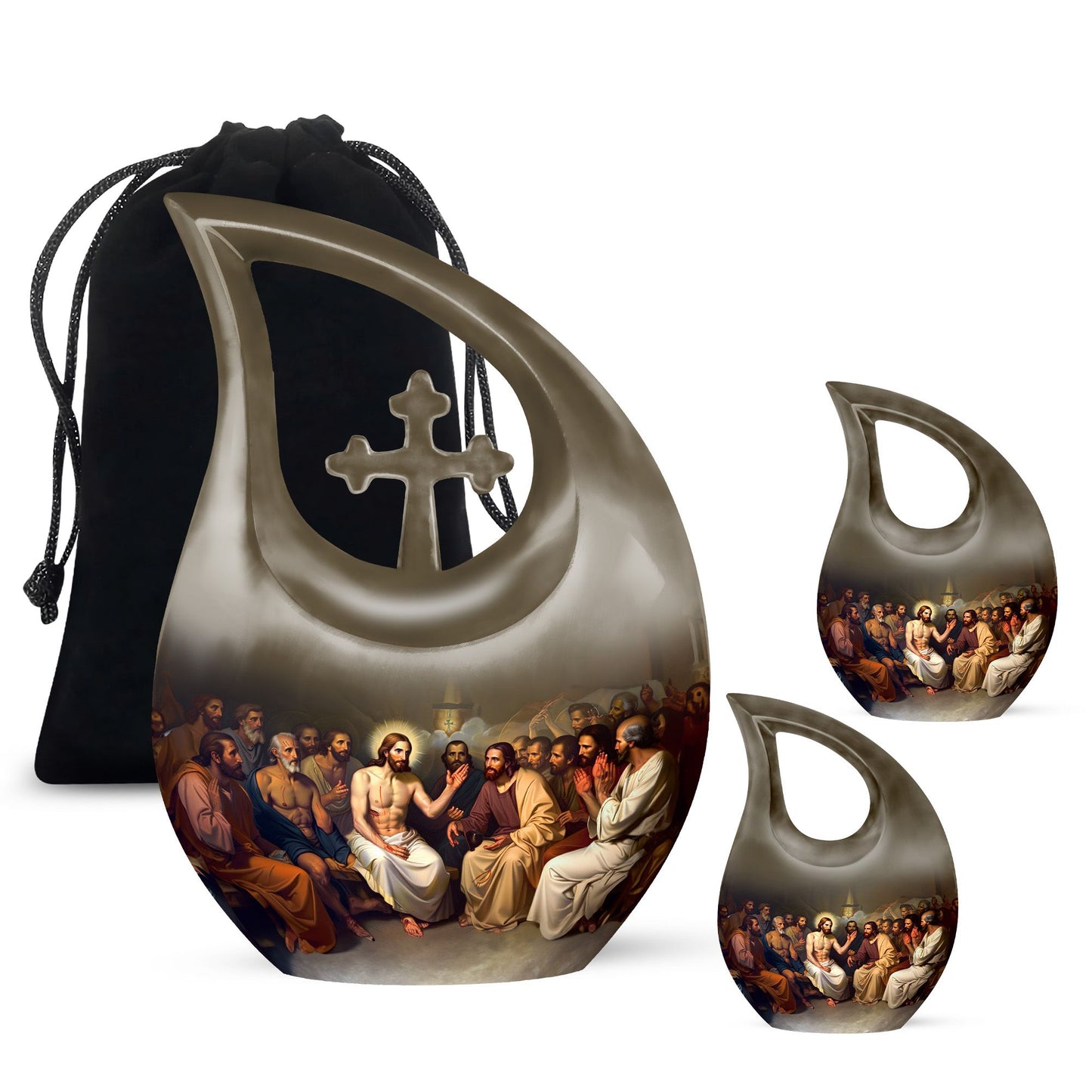 10 inch Aluminium Jesus Urn with Cross Drop Design, Affordable Cremation and Burial Memorial Urn